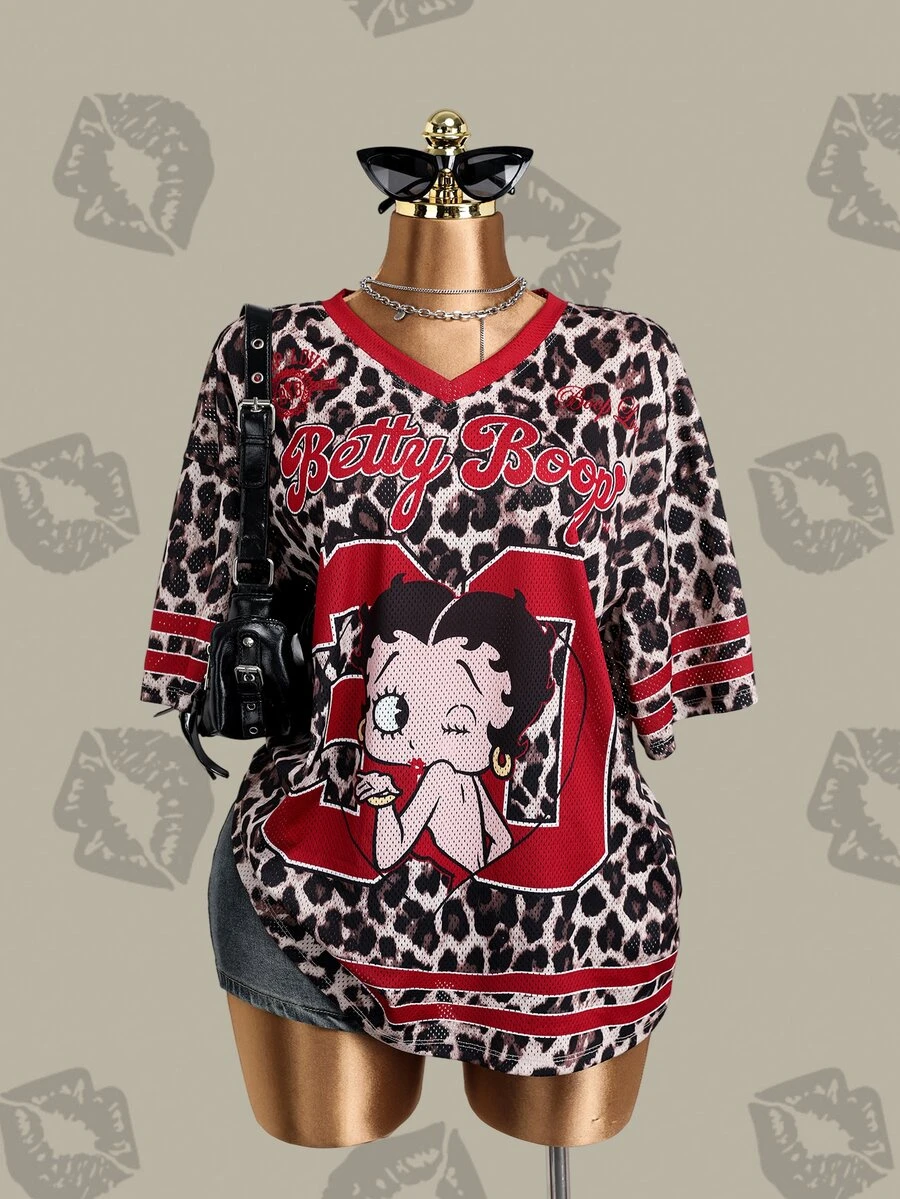 Betty Boop x SHEIN Plus Size Women's Leopard Print V-Neck Short Sleeve Casual T-Shirt - Brown - View 1