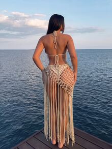 Swim SXY Women's Solid Color Tassel Design Hollow Out Casual Vacation Cover Up Skirt - Apricot - View 2