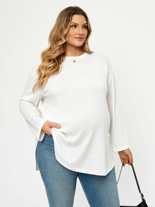 Plussiva 大尺碼孕婦休閒百搭純色側開衩上衣 - 白色 - 查看 5