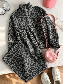 SHEIN 青少年女孩2件套，美式慵懶高街全豹紋印花，立領半拉鍊落肩寬鬆衛衣搭配鬆緊腰垂墜寬腿褲，Y2K美學街頭風，休閒美學 - 彩色 - 查看 7