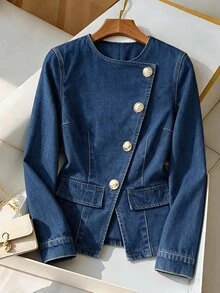 Rivivi Deep Navy Blue Round Neck Asymmetrical Button Slim Fit Denim Jacket With Front Flap Pockets, Darting, Single-Stitch Straight Eyelets, Hand-Sewn Buttons, Commuter Casual Blazer Jacket - Medium Wash - View 1