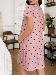 Moonlight&Mama Gaun Tidur Santai Lengan Pendek Motif Hati untuk Ibu Hamil - Dusty Pink - View 2