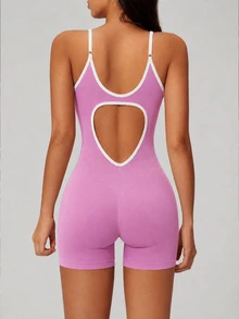 Sovereign Charm Backless Spaghetti Strap Fitted Athletic Modest Athleisure Romper Gym Pink And White Summer - Pink - View 2