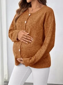 SHEIN 孕婦秋冬休閒正裝極簡風開襟衫 感恩節拍照適用 正式棕色 - 橘色 - 查看 4