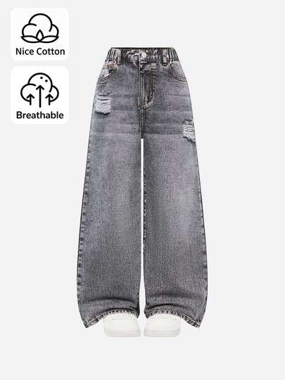 Tween Girl) Denim Jeans, Cool American Retro Unisex Style, Acid Wash, Distressed, Ripped, Black/Grey Wash, Elastic Waist, Loose Wide Leg Casual Denim Pants