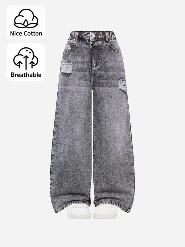 Tween Girl) Denim Jeans, Cool American Retro Unisex Style, Acid Wash, Distressed, Ripped, Black/Grey Wash, Elastic Waist, Loose Wide Leg Casual Denim Pants