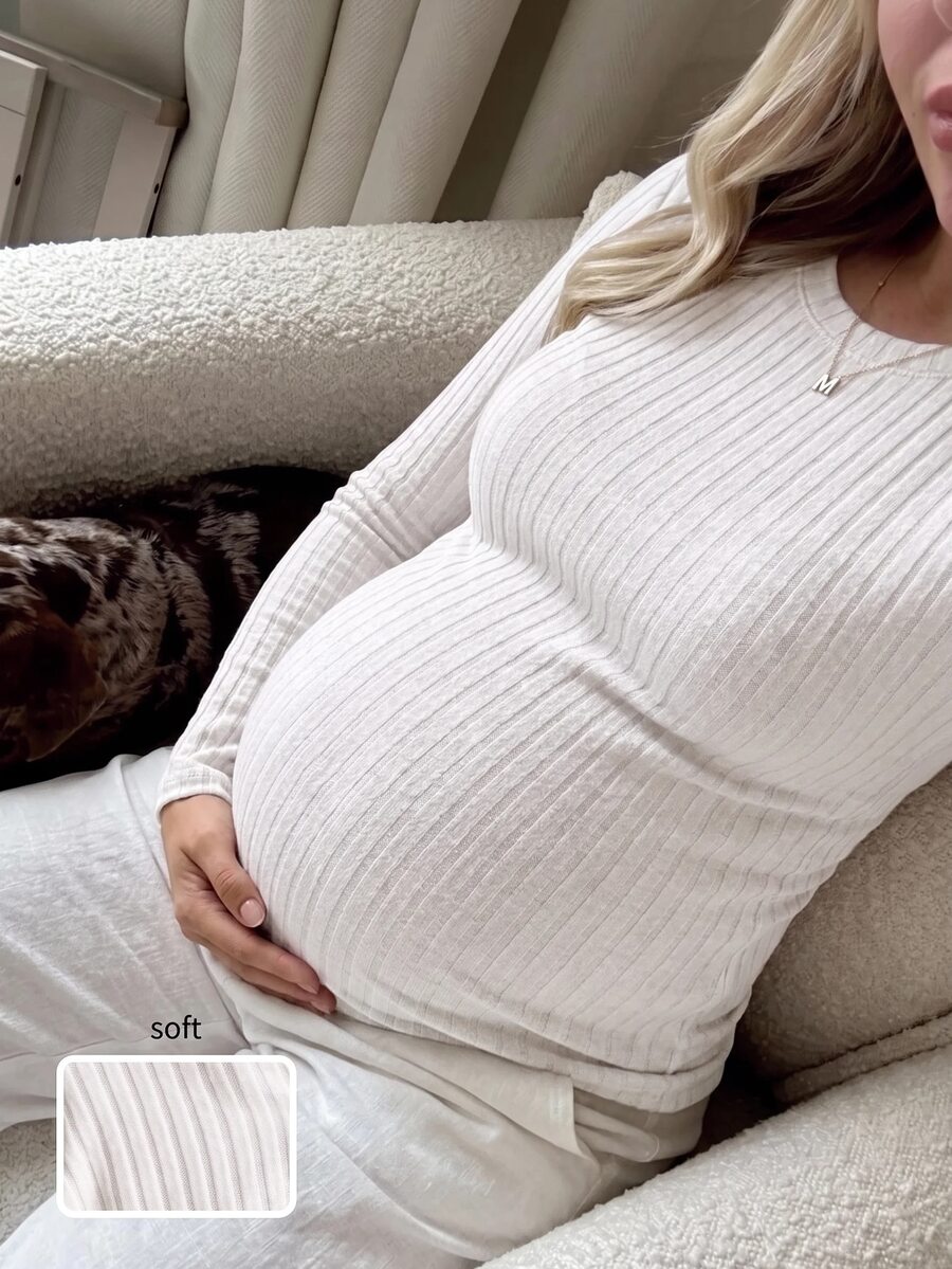 SHEIN 孕婦秋季休閒純色修身長袖T恤 - 白色 - 查看 1