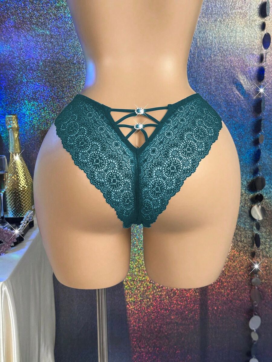 MidnightGlam 1件女款華麗水鑽性感對比蕾絲內褲 - 藍色 - 查看 1