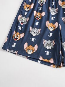 TOM & JERRY X SHEIN طقم ملابس منزلية للرجال بطبعة كرتونية، ملابس علوية بأكمام قصيرة وشورت - رمادي فاتح - مشاهدة 9
