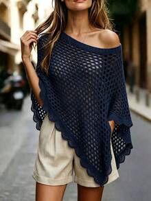 Balvessa Women's Solid Color Asymmetrical Shoulder Casual Daily Knit Top - Navy Blue - View 4
