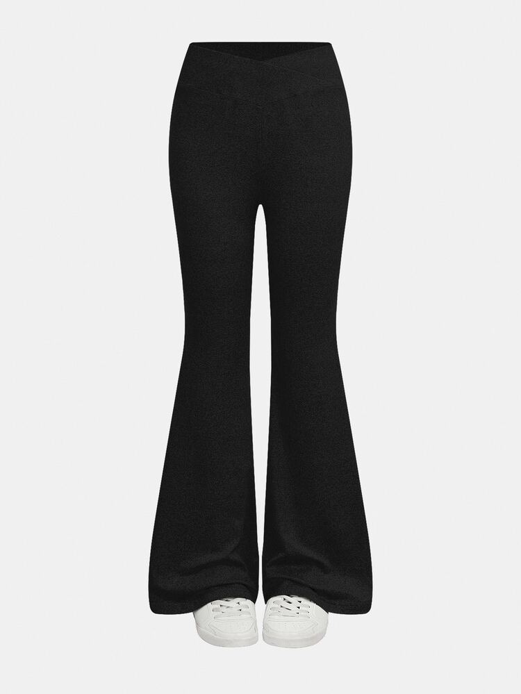 SHEIN Teen Girl Teen Girl Solid Color Fitted Casual Flared Knit Pants - Black - View 5