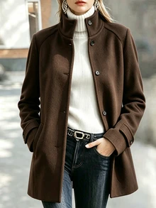 SHEIN Women Stand Collar Button Down Coat, Raglan Sleeve Mid‑Length Outerwear , Loose Warm Jacket For Spri - Brown - View 4
