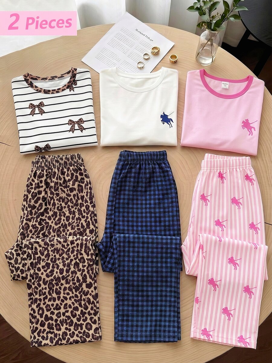 青少年女孩白色圓領長袖藍色小馬印花寬鬆上衣,搭配藍黑格紋針織面料,舒適柔軟材質,Ins風極簡居家休閒兩件式睡衣套裝 - 白色 - 查看 1