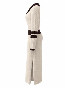 LUMIGAL Set Atasan dan Gaun Rajut Kerah Kontras Warna Elegan Premium Musim Gugur/Dingin - Krem - View 4