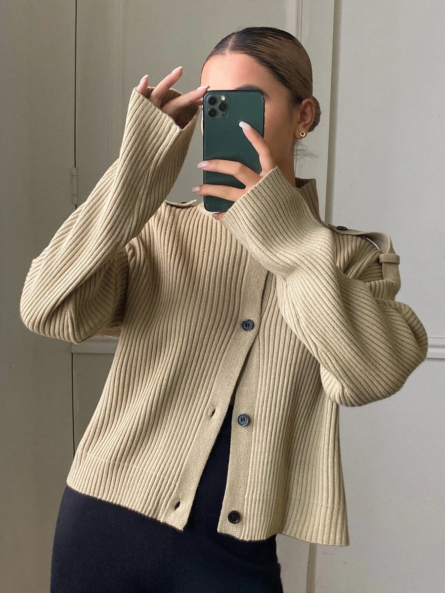 DAZY Women's Solid Color Loose Ribbed Long Sleeve High Neck Button Casual Streetwear Korean Style Vacation Thickened Jacket Regular Fit Fall - Khaki - View 1