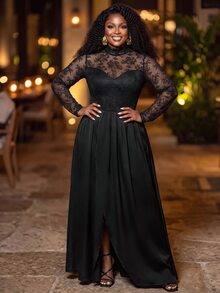 Slaydiva Plus Size Formal Gown, Black Lace Mesh Long Sleeve High Neck Split Satin Maxi Dress - Black - View 6