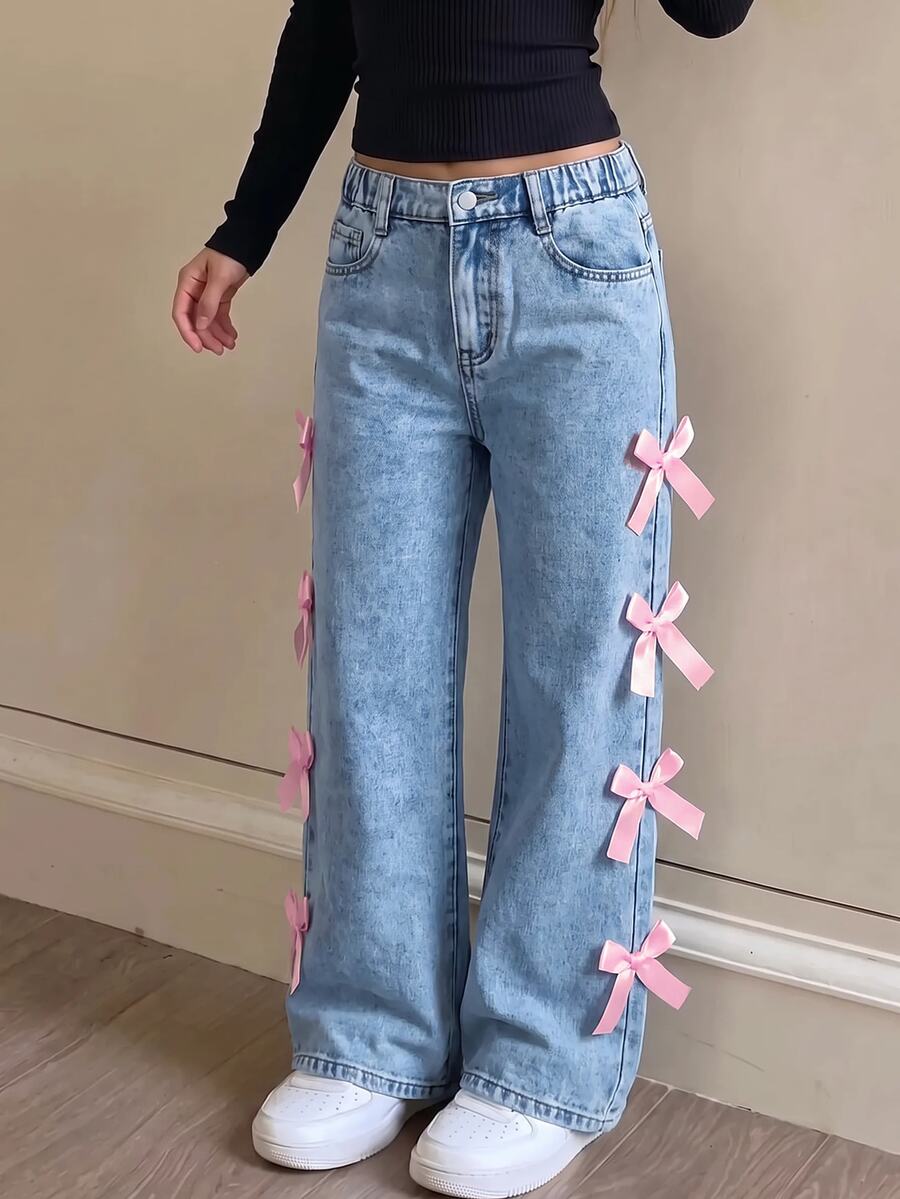 SHEIN Tween Girl Tween Girls' Pink Bow Light Blue Denim Loose Wide Leg Long Pants - Blue - View 1