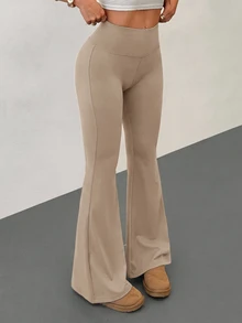 SHEIN PETITE 女款瑜伽褲 高腰彈性收腹健身緊身褲 - 駝色 - 查看 4