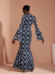 JIAN LASALA Mesh Long Double Layers Sleeve V Overlapped Neckline Uneven Hem Long Dress Vacation Elegant - Multicolor - View 2