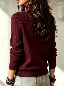 LUMIGAL Women's Solid Color Casual Versatile Daily Wear Knit Top - Burgundy - View 2
