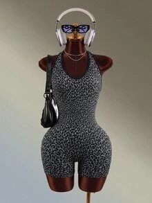 Mistrie Jumpsuit Olahraga & Kebugaran Tanpa Jahitan Tanpa Lengan dengan Leher Halter Motif Leopard Abu-abu - Dark Grey - View 8