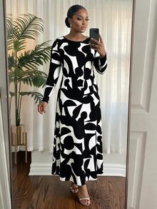 SHEIN Lady CURVE Plus Size Geometric Print Colorblock Long Sleeve Vacation Dress - Black and White - View 4