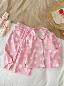 SHEIN 女嬰編織愛心圖案翻領單口袋休閒睡衣上衣與長褲2件套 - 彩色 - 查看 4