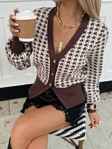 DAZY Women's Houndstooth Long Sleeve Single-Breasted Knit Cardigan Fall - Brown - View 4