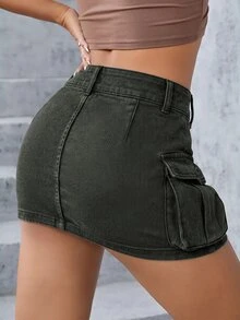 SHEIN ICON 低腰迷你工裝牛仔裙 - 軍綠色 - 查看 2