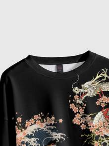 ROMWE Avant 暗黑哥德風神秘虎龍圖案哥德式套頭衛衣 大尺碼 - 黑色 - 查看 4