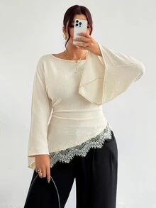 Firerie Plus Size Women's Round Neck Bell Sleeve Contrast Lace Pleated Hem Blouse - Apricot - View 1