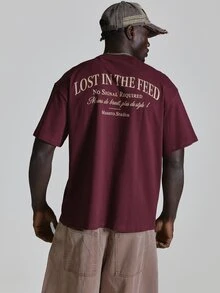 Musero Oversized Drop Shoulder Tshirt "Lost In The Feed"Graphic Print Crew Neckline Autum Winter Essentials - Purple - View 1