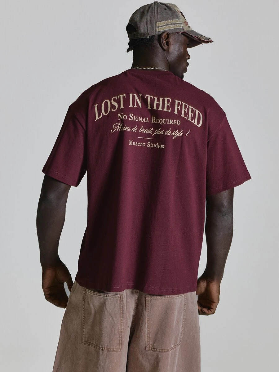 Musero Oversized Drop Shoulder Tshirt "Lost In The Feed"Graphic Print Crew Neckline Autum Winter Essentials - Purple - View 1