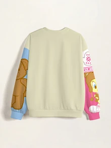 LOONEY TUNES X SHEIN TWEETY 可愛熊圖案拼色大尺碼女款圓領抓絨運動衫，秋冬款 - 白色 - 查看 4