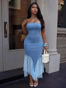 SHEIN PETITE Summer Fashion Mesh Patchwork Tube Top Denim Dress - Blue - View 4