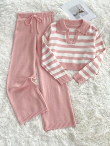 Elamini Minimalist Casual Women's Autumn/Winter Pink And White Light Pink Collared Long Sleeve Loose Knit Sweater And Pants 2 Pieces Set Lounge - Pink - View 1