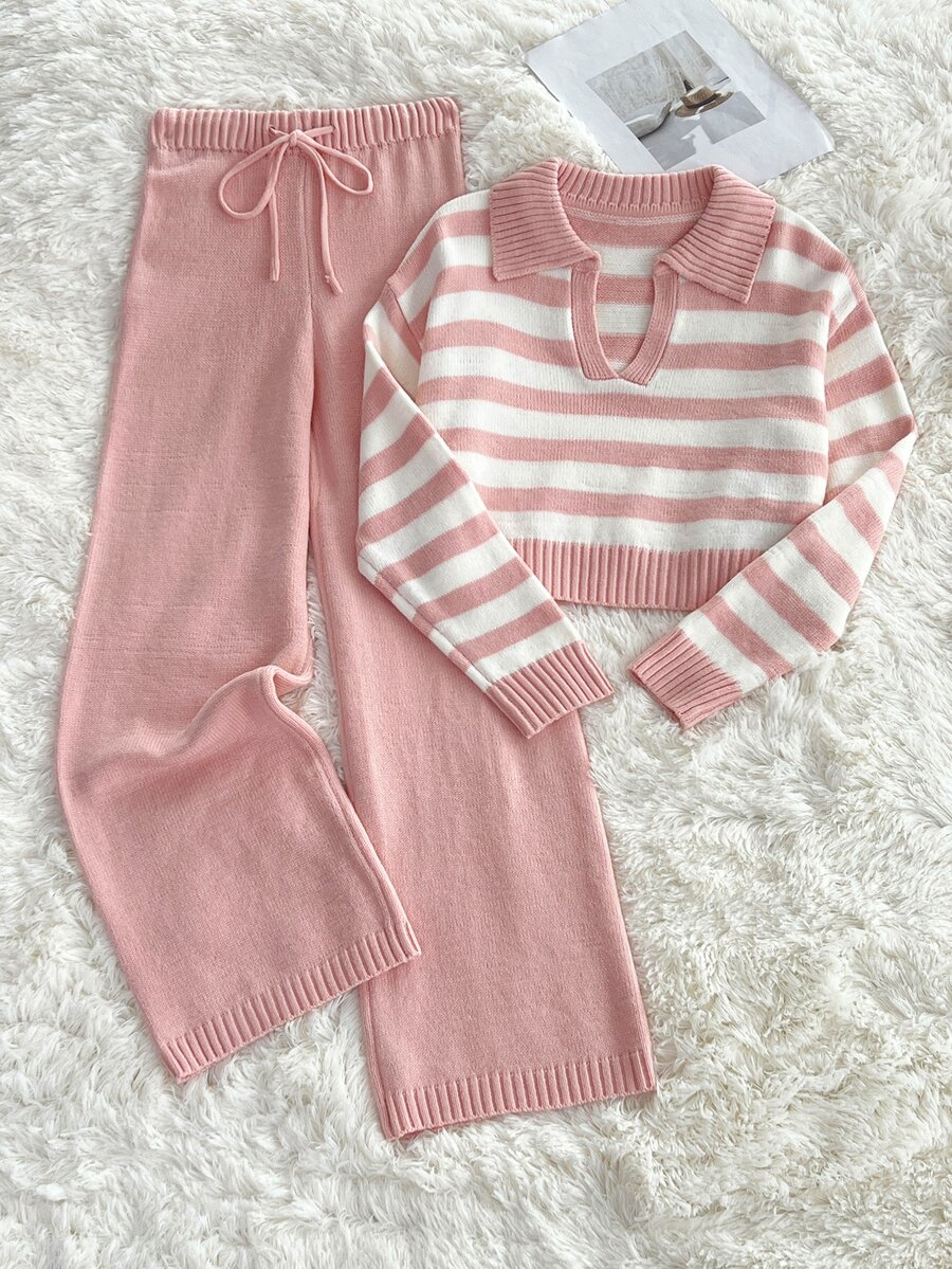 Elamini Minimalist Casual Women's Autumn/Winter Pink And White Light Pink Collared Long Sleeve Loose Knit Sweater And Pants 2 Pieces Set Lounge - Pink - View 1
