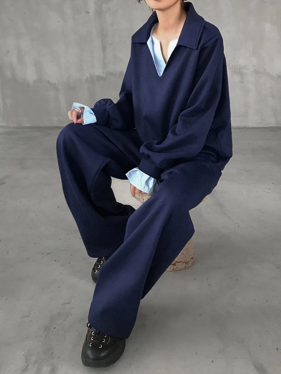 FRIFUL Women's Autumn Colorblock 2 In 1 Top & Sweatpants Set - Navy Blue - View 1
