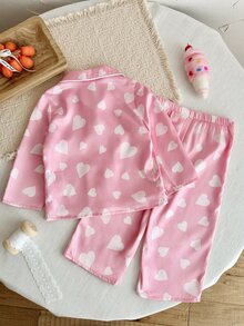 SHEIN 女嬰編織愛心圖案翻領單口袋休閒睡衣上衣與長褲2件套 - 彩色 - 查看 2