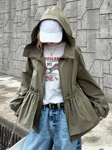 FRIFUL Women's Casual Drawstring Waist Hooded Jacket, Autumn - Army Green - View 8