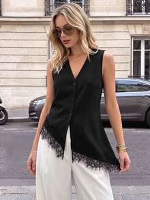 SHEIN PariChic Spring/Summer New Women's V-Neck Asymmetric Lace Trim Top - Black - View 3