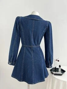 Mori Grove Mori Grove Women's All-Season Peter Pan Collar Long Sleeve Petal Sleeve A-Line Blue Denim Dress - Dark Wash - View 3