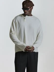 Musero Lose Fit Round Neck Off Centered Button Henley Top Autum Winter Essentials - Apricot - View 2