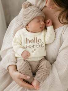 SHEIN 3pcs Newborn Baby Knit Sweater Pants Hat Set Sweet Cream Khaki Hello World Star Embroidery Ribbed Pom Pom Beanie Long Sleeve Photography Fall Jumpers - Khaki - View 8