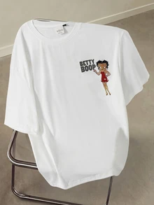 Betty Boop x SHEIN Men's Letter Cartoon Print Casual Daily Wear T-Shirt - White - View 2