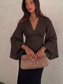 Siren Gaze Women's Solid Color Contrast Lace V-Neck Bell Sleeve Fashion Blouse - Apricot - View 2