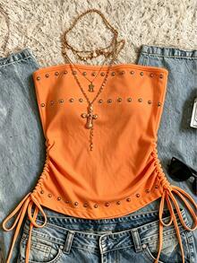 IslaSuriya Women's Bright Orange Beaded Tube Top, Ruched Drawstring Casual Top - Orange - View 3