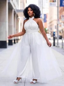 Slaydiva Plus Size Cocktail Party White Tulle Spaghetti Strap Skirt With Pockets Satin Jumpsuit - White - View 2