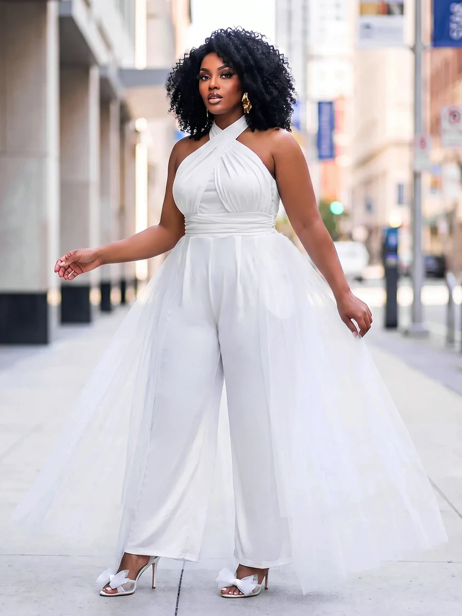 Slaydiva Plus Size Cocktail Party White Tulle Spaghetti Strap Skirt With Pockets Satin Jumpsuit