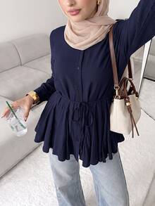 Solavon Women's Casual Solid Color Shirt, Autumn - Navy Blue - View 1